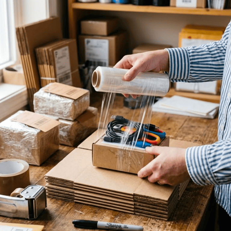 Movers professionally packing household belongings into boxes